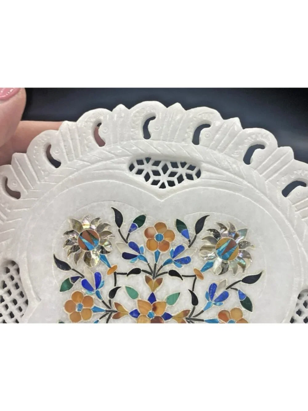 Inlaid Marble Plate Floral Stone Handmade Decor Boho Cottage 7 Inches